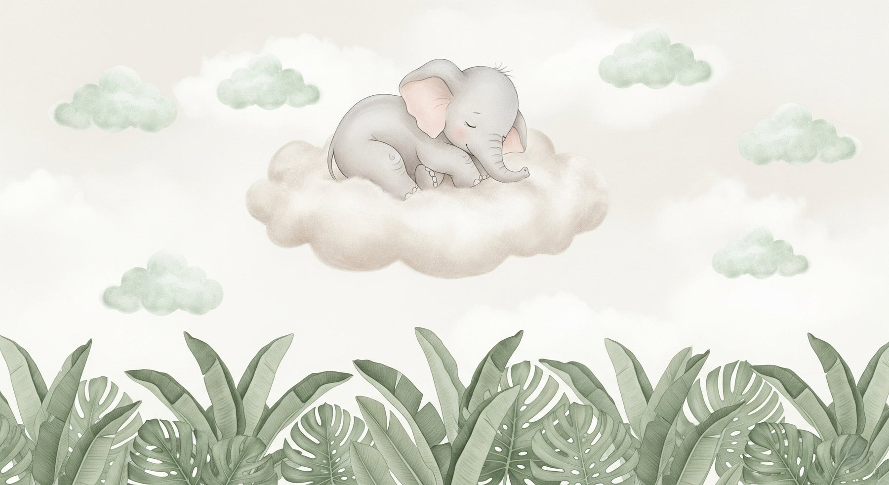 Detailed sleeping elephant on cloud mural wallpaper design pattern with foliage by Kids-Mundo
