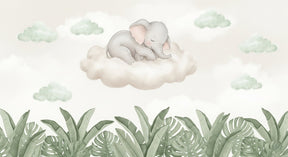 Detailed sleeping elephant on cloud mural wallpaper design pattern with foliage by Kids-Mundo