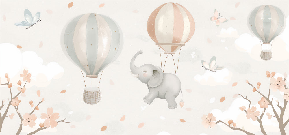 Detailed elephant and hot air balloon mural wallpaper design pattern by Kids-Mundo