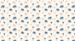 Detailed elephant and palm tree mural wallpaper design pattern in soft blue and pink by Kids-Mundo