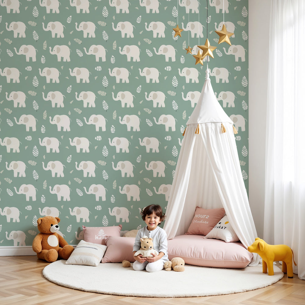 Green elephant mural wallpaper in modern nursery with white crib by Kids-Mundo