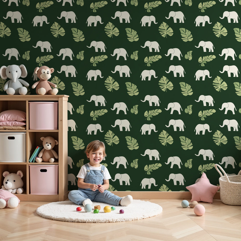 Green elephant mural wallpaper in modern nursery setting with natural wood furniture by Kids-Mundo