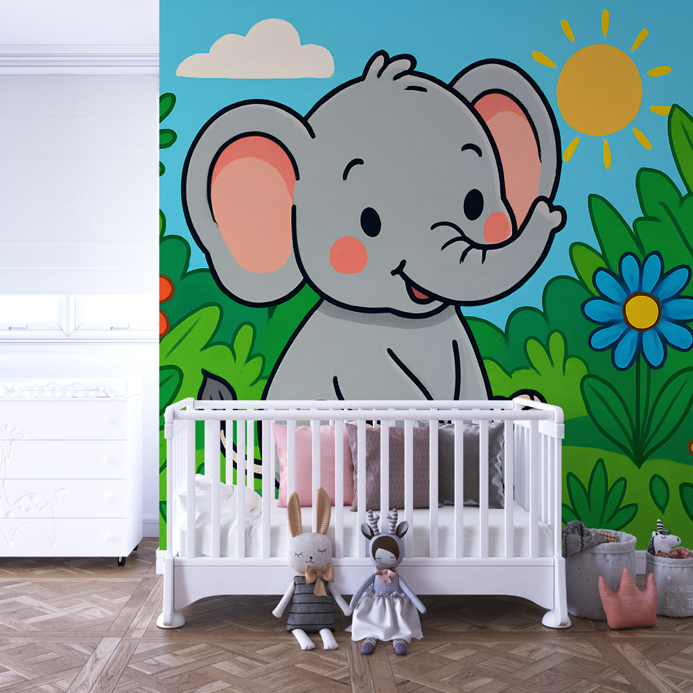 Elephant animal wallpaper creating magical forest atmosphere in children's bedroom