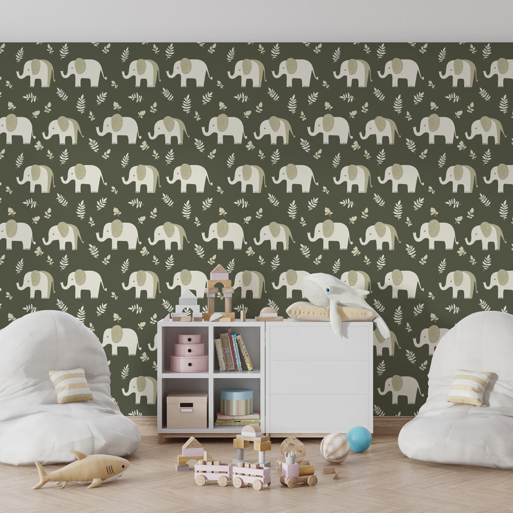 Safari elephant wallpaper in modern children's bedroom with natural green tones and playful animal motifs
