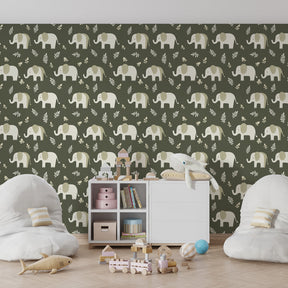 Safari elephant wallpaper in modern children's bedroom with natural green tones and playful animal motifs