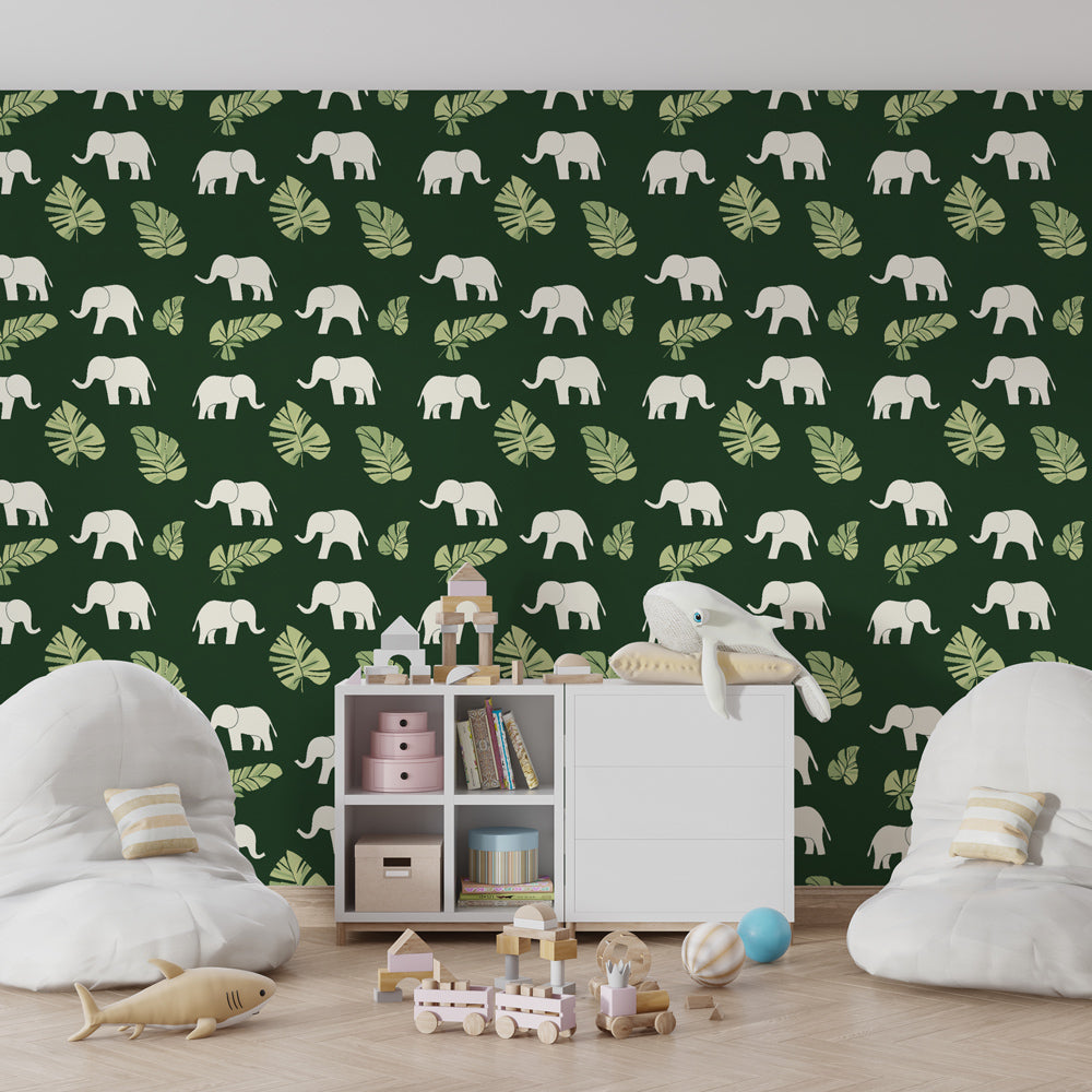 Safari elephant wallpaper creating jungle-themed children's bedroom decor with green background