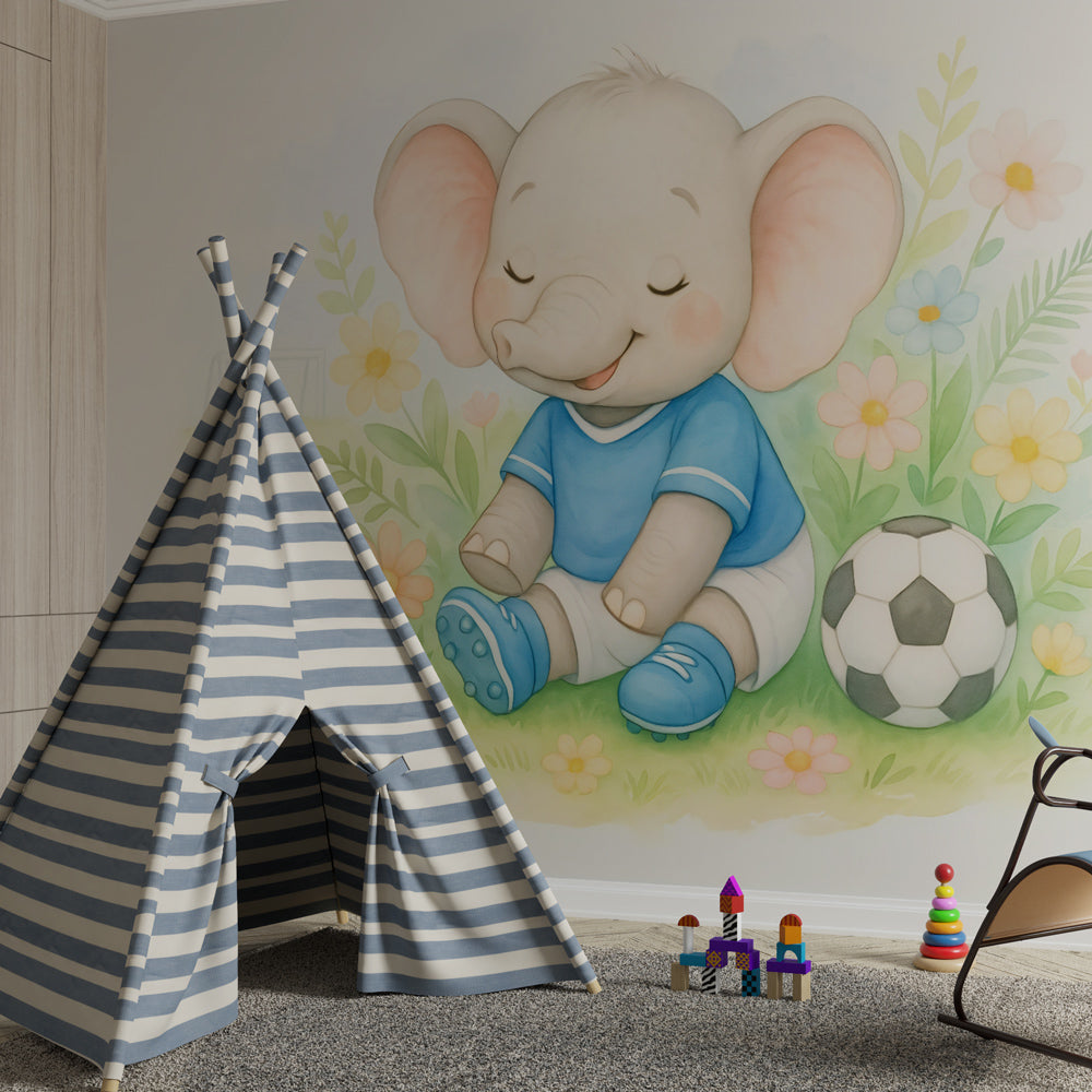Animal themed mural wallpaper with friendly elephant character in children's bedroom setting