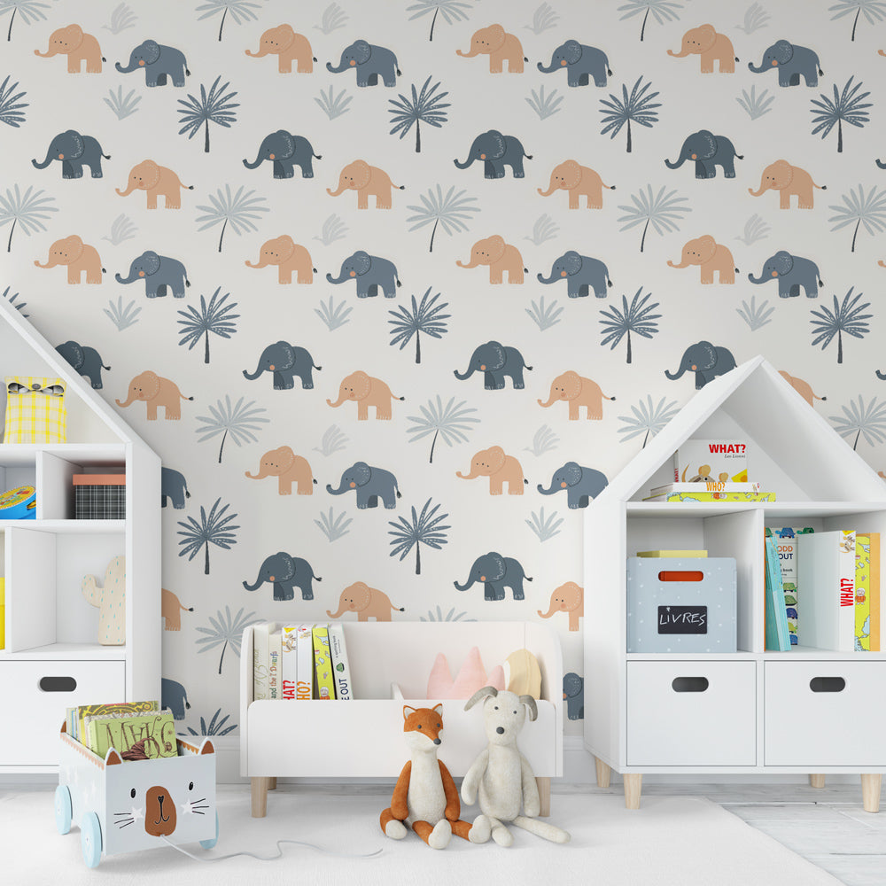 Gentle pink and blue elephant mural wallpaper for cozy toddler room decor by Kids-Mundo
