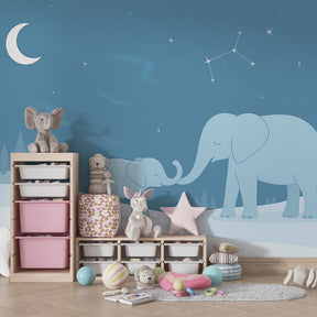 Gentle elephant wallpaper transforming kids room into magical nighttime sanctuary with moon and stars
