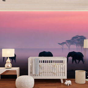 Misty elephant savanna mural wallpaper transforming toddler room into wildlife sanctuary
