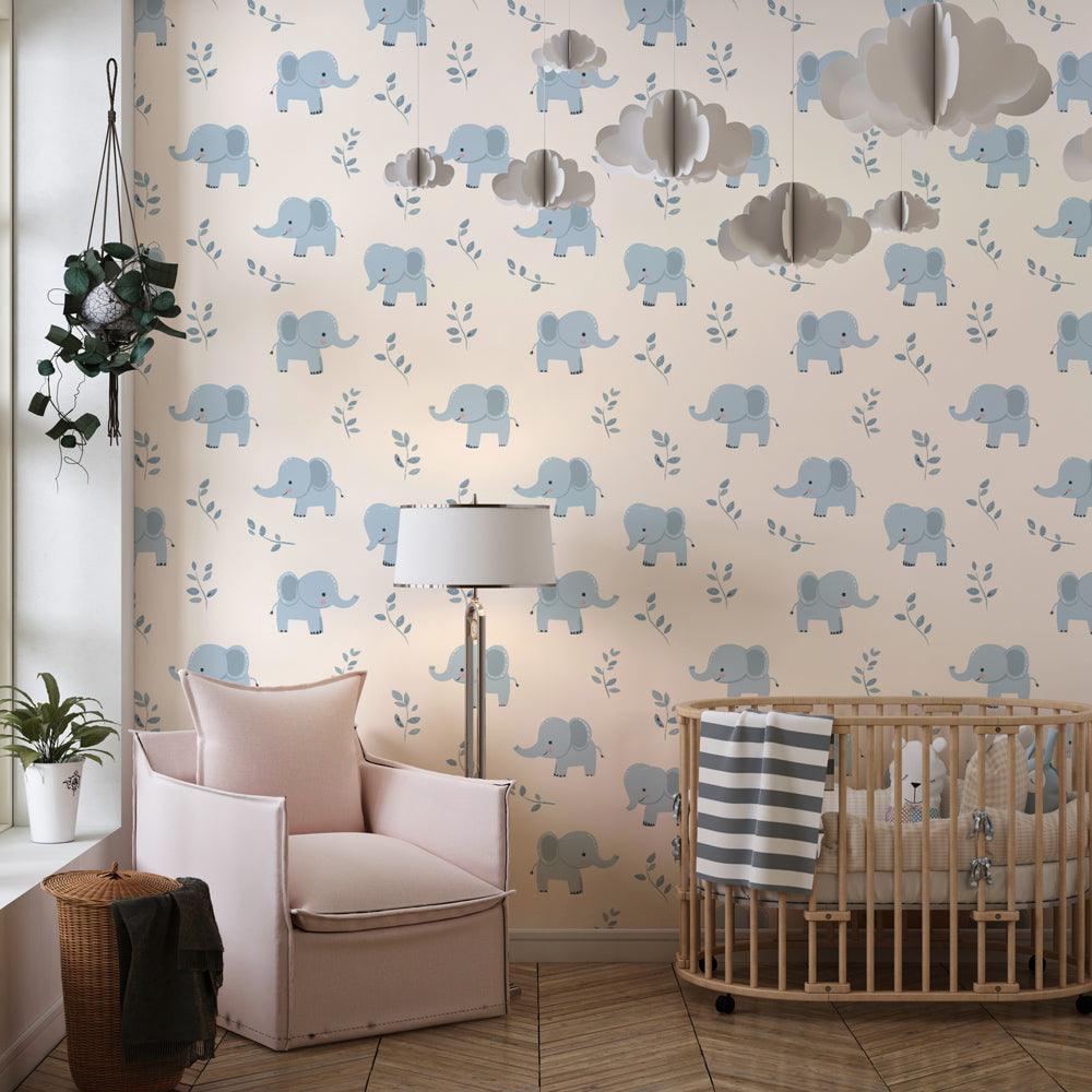 Blue elephant mural wallpaper with botanical elements for toddler room decor