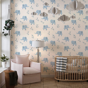 Blue elephant mural wallpaper with botanical elements for toddler room decor