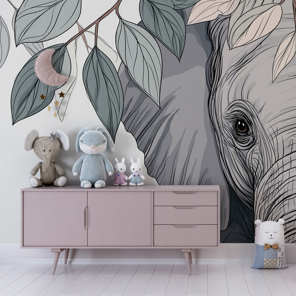 Botanical elephant mural wallpaper transforming toddler room with natural safari theme