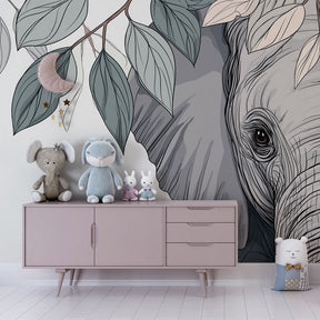 Botanical elephant mural wallpaper transforming toddler room with natural safari theme