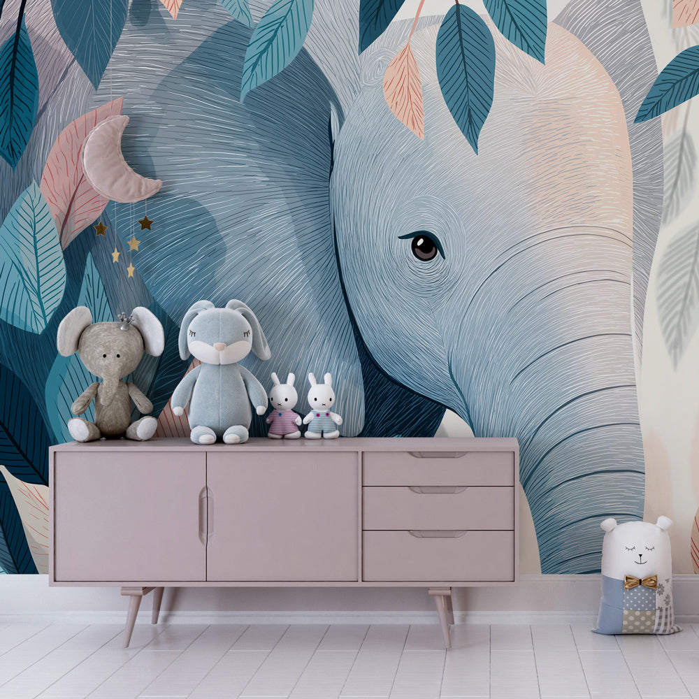 Gentle elephant and foliage mural wallpaper for calm nursery environment by Kids-Mundo