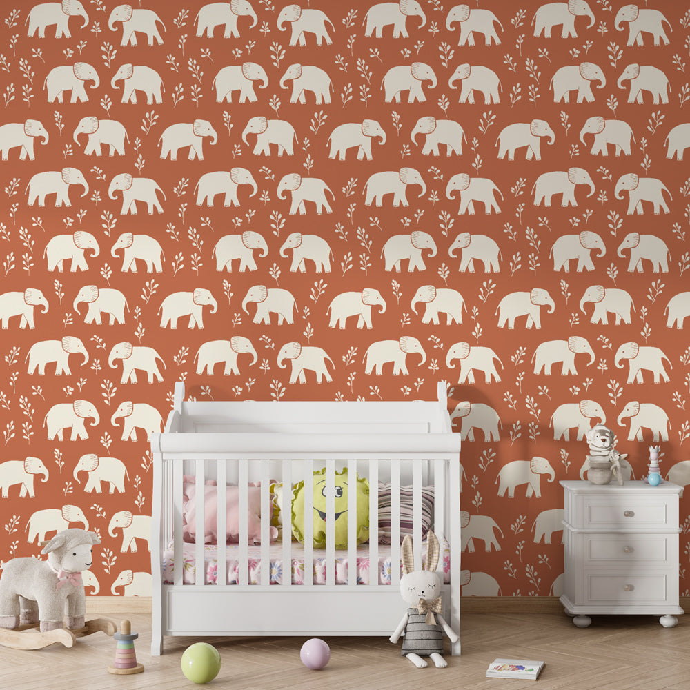 Terracotta elephant mural wallpaper in modern kids room setting with natural decor elements