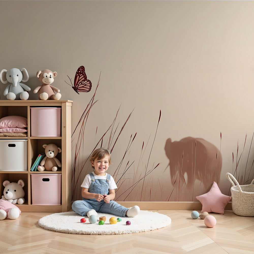 Elephant mural wallpaper with butterfly in serene nursery setting by Kids-Mundo