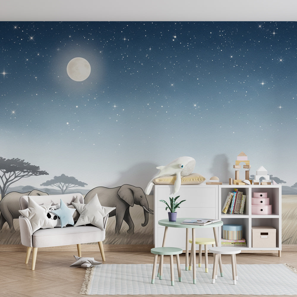 Moonlit elephant mural wallpaper transforming children's room into African savanna