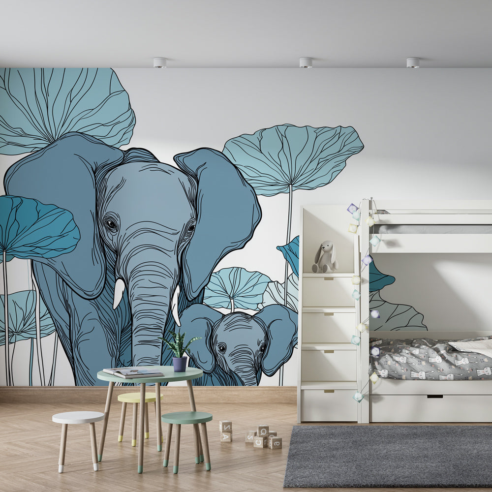Blue elephant wallpaper with lily pads decorating modern children's bedroom by Kids-Mundo