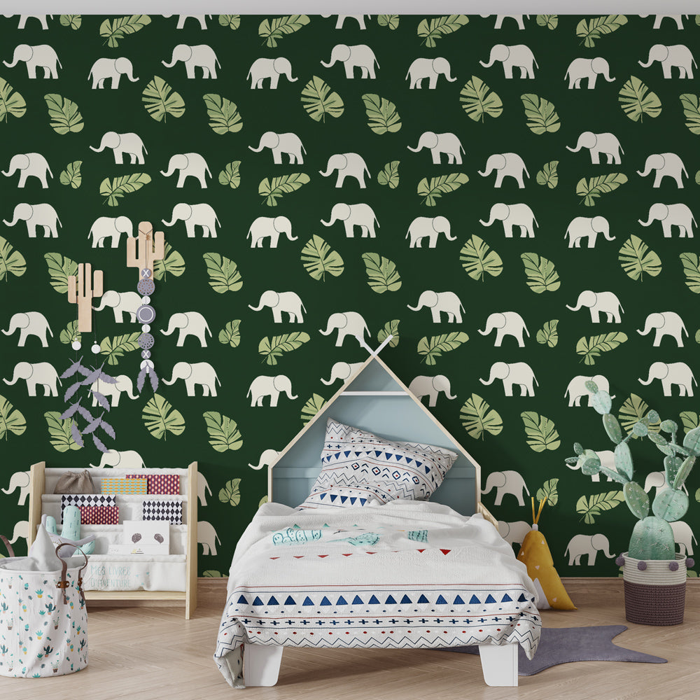 Baby elephant mural wallpaper transforming nursery into peaceful safari adventure space