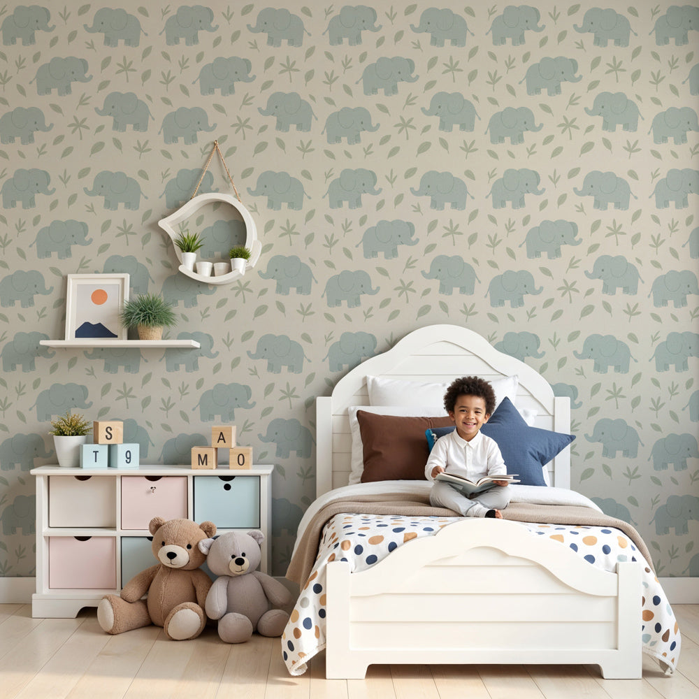 Cute elephant mural wallpaper in modern nursery with pastel colors by Kids-Mundo