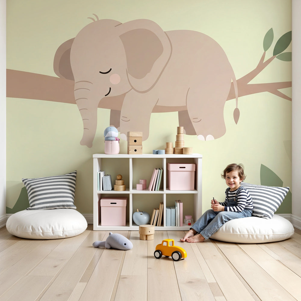 Sleeping elephant mural wallpaper creating peaceful nursery decor with natural green tones by Kids-Mundo