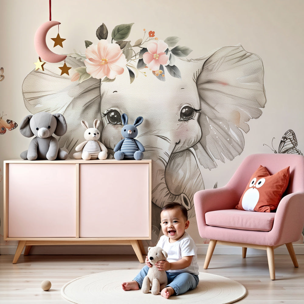 Elephant floral mural wallpaper in serene nursery setting by Kids-Mundo