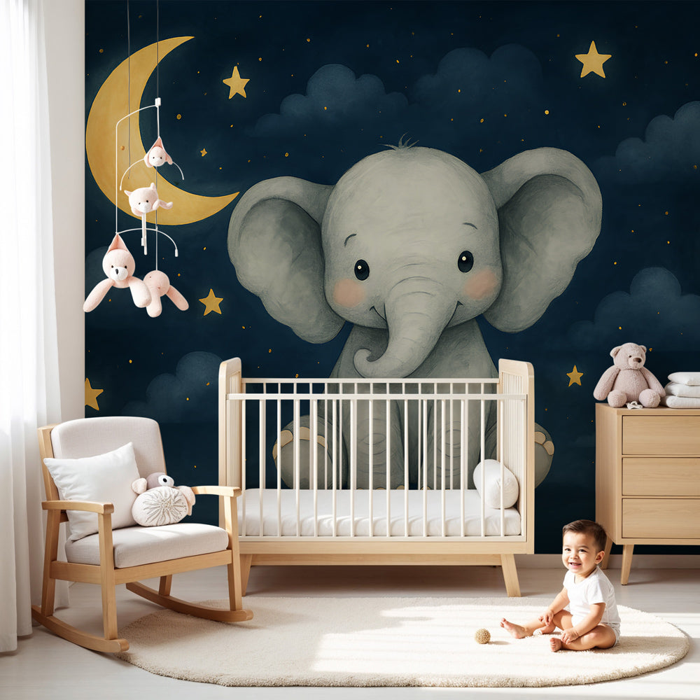 Elephant moon and stars mural wallpaper creating peaceful nursery atmosphere by Kids-Mundo