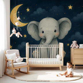 Elephant moon and stars mural wallpaper creating peaceful nursery atmosphere by Kids-Mundo