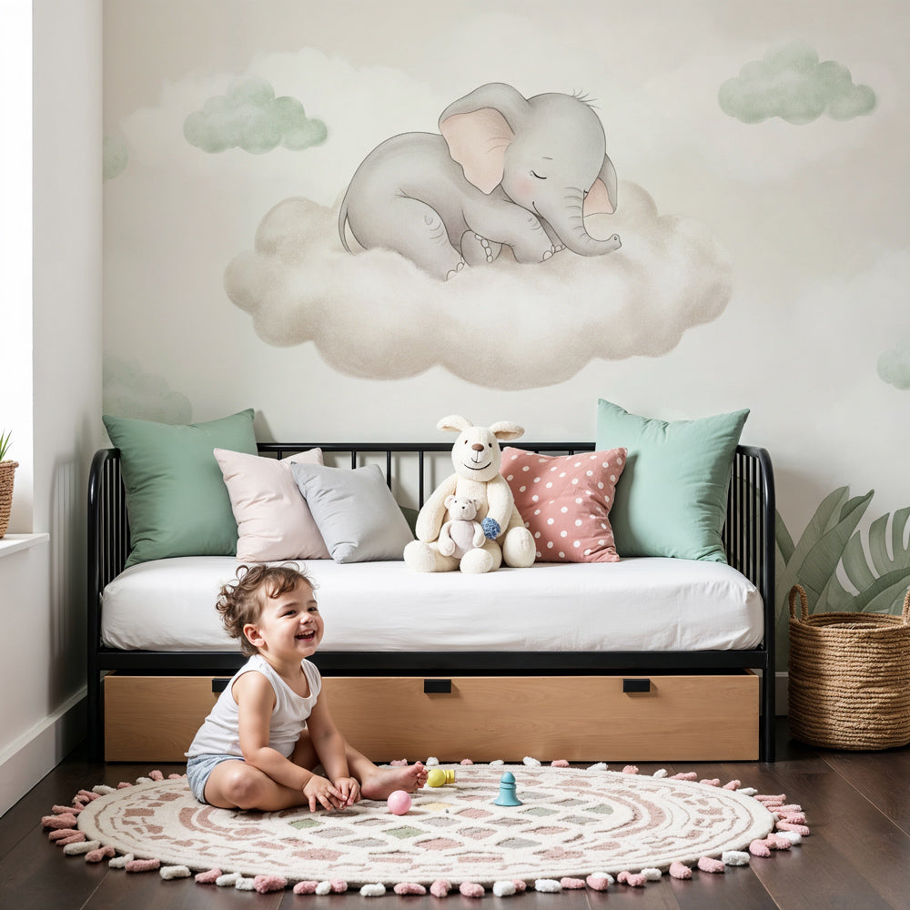 Sleeping elephant mural wallpaper creating peaceful nursery decor with soft cloud theme by Kids-Mundo