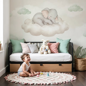 Sleeping elephant mural wallpaper creating peaceful nursery decor with soft cloud theme by Kids-Mundo