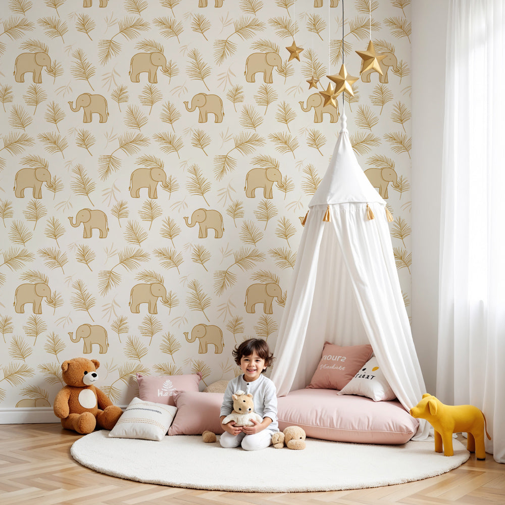 Elephant mural wallpaper creating peaceful safari nursery decor with golden foliage by Kids-Mundo