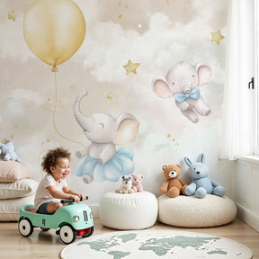 Dreamy elephant mural wallpaper with golden balloons creating magical nursery decor by Kids-Mundo