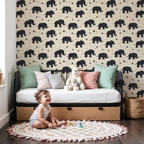 Black elephant mural wallpaper creating dreamy nursery decor with cream background by Kids-Mundo