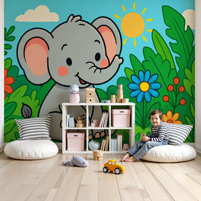 Colorful elephant forest mural wallpaper in modern nursery room by Kids-Mundo