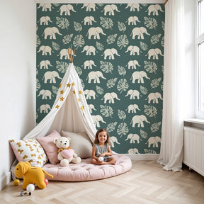 Elephant mural wallpaper creating peaceful nursery decor with tropical foliage theme by Kids-Mundo