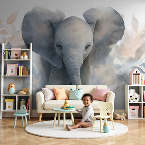 Soft elephant mural wallpaper in peaceful nursery with natural wood furniture by Kids-Mundo