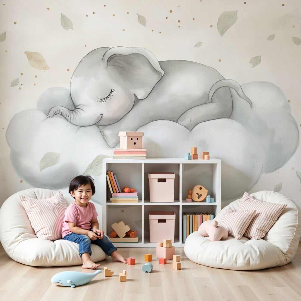 Sleeping elephant on cloud mural wallpaper in modern baby nursery by Kids-Mundo
