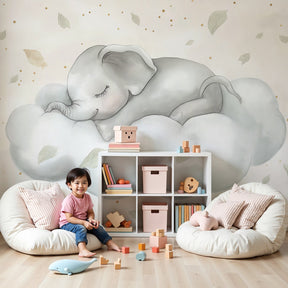 Sleeping elephant on cloud mural wallpaper in modern baby nursery by Kids-Mundo
