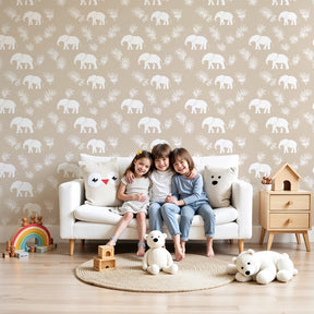 White elephant mural wallpaper creating peaceful nursery decor with beige background by Kids-Mundo