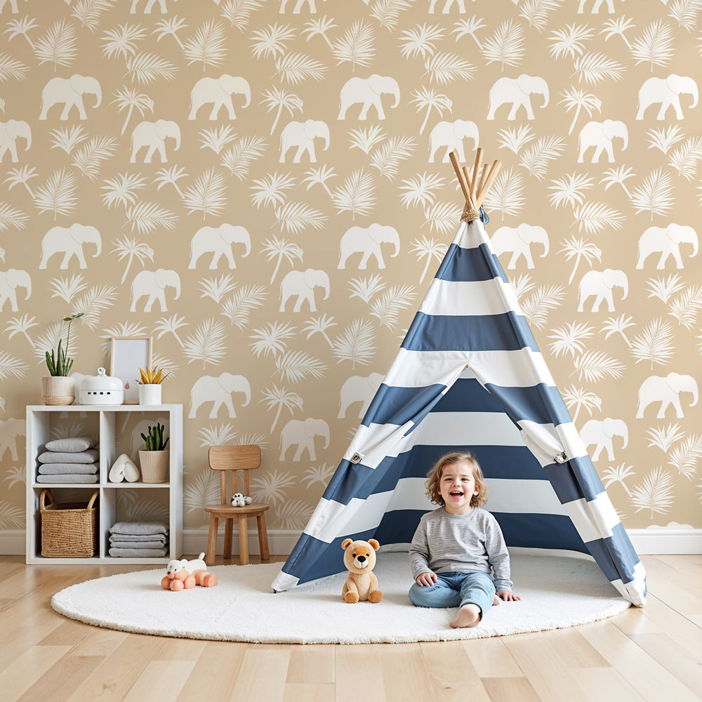 Elephant mural wallpaper creating serene safari nursery decor with tropical foliage design by Kids-Mundo