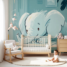 Studious elephant mural wallpaper in modern nursery with natural wood furniture by Kids-Mundo