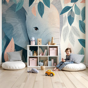 Peaceful elephant mural wallpaper in baby nursery with soft foliage design by Kids-Mundo