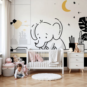 Elephant mural wallpaper creating peaceful nursery atmosphere with modern furniture by Kids-Mundo