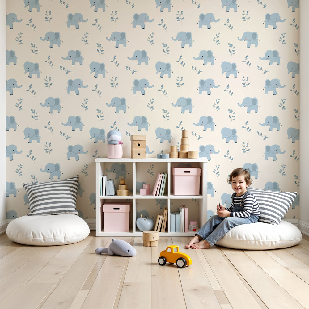 Gentle blue elephant mural wallpaper decorating modern nursery room by Kids-Mundo