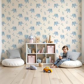 Gentle blue elephant mural wallpaper decorating modern nursery room by Kids-Mundo