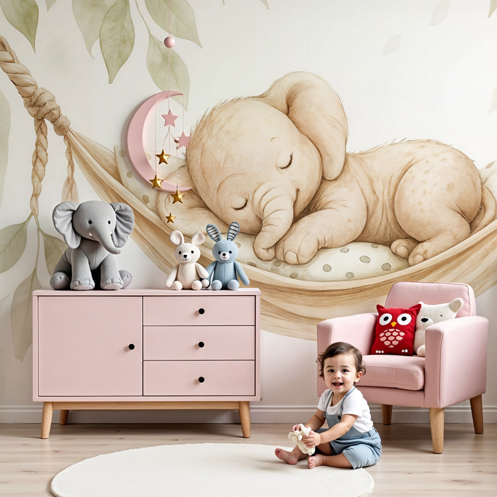 Gentle elephant mural wallpaper creating peaceful nursery atmosphere by Kids-Mundo