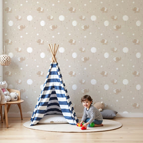 Cute elephant mural wallpaper with white balloons decorating modern nursery by Kids-Mundo