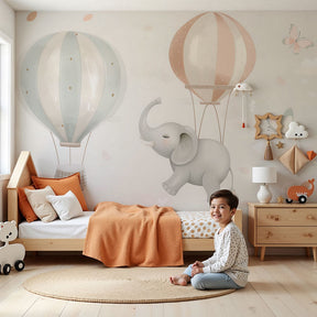 Dreamy elephant mural wallpaper with hot air balloons in modern nursery by Kids-Mundo