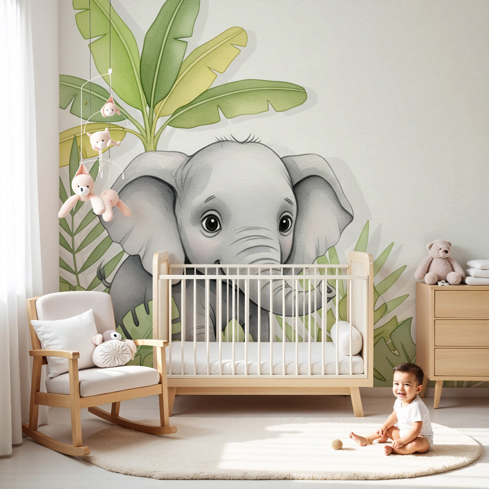 Baby elephant mural wallpaper with tropical leaves in modern nursery by Kids-Mundo